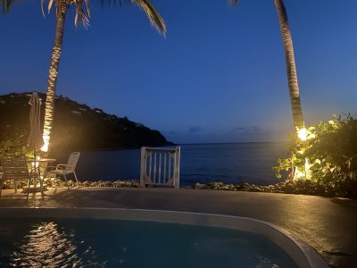 Oceanfront pool and illuminated palm trees at Coconut Coast Villas at dusk
