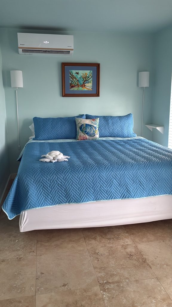 Hibiscus bedroom with blue bedspread