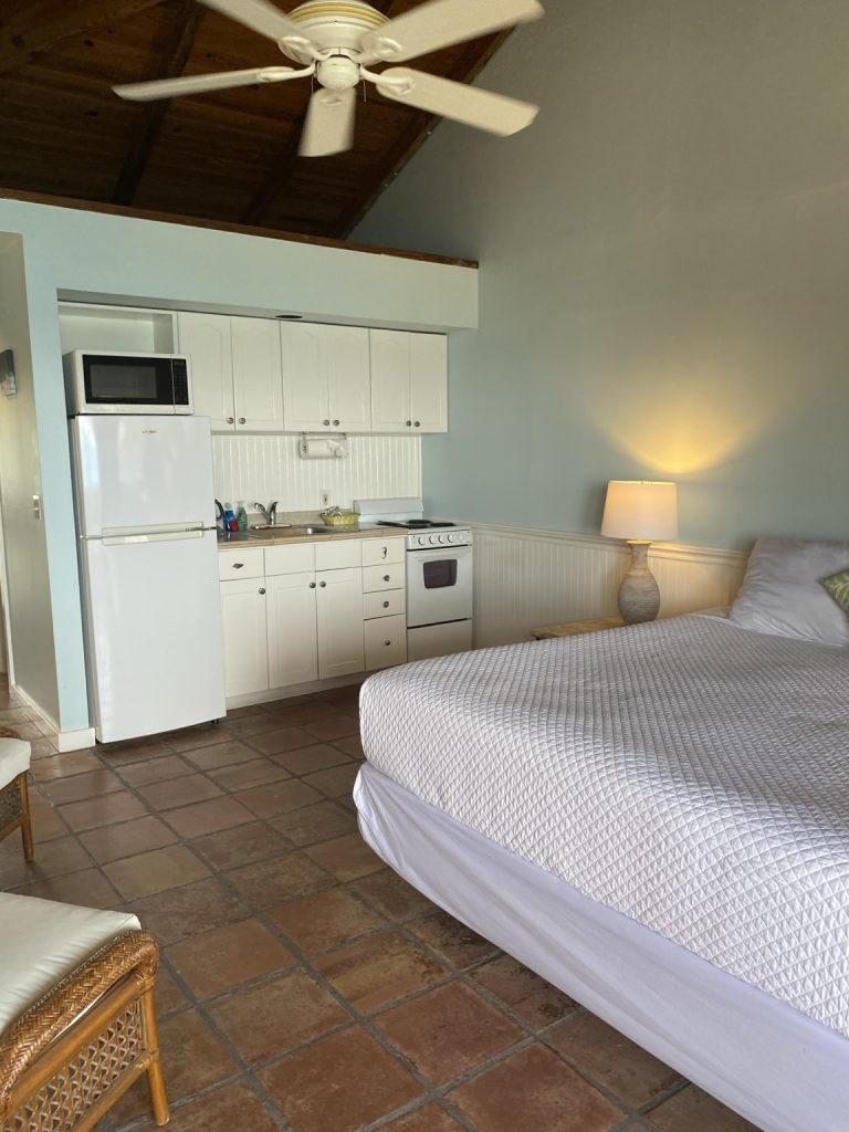 Orchid kitchenette beside the king bed